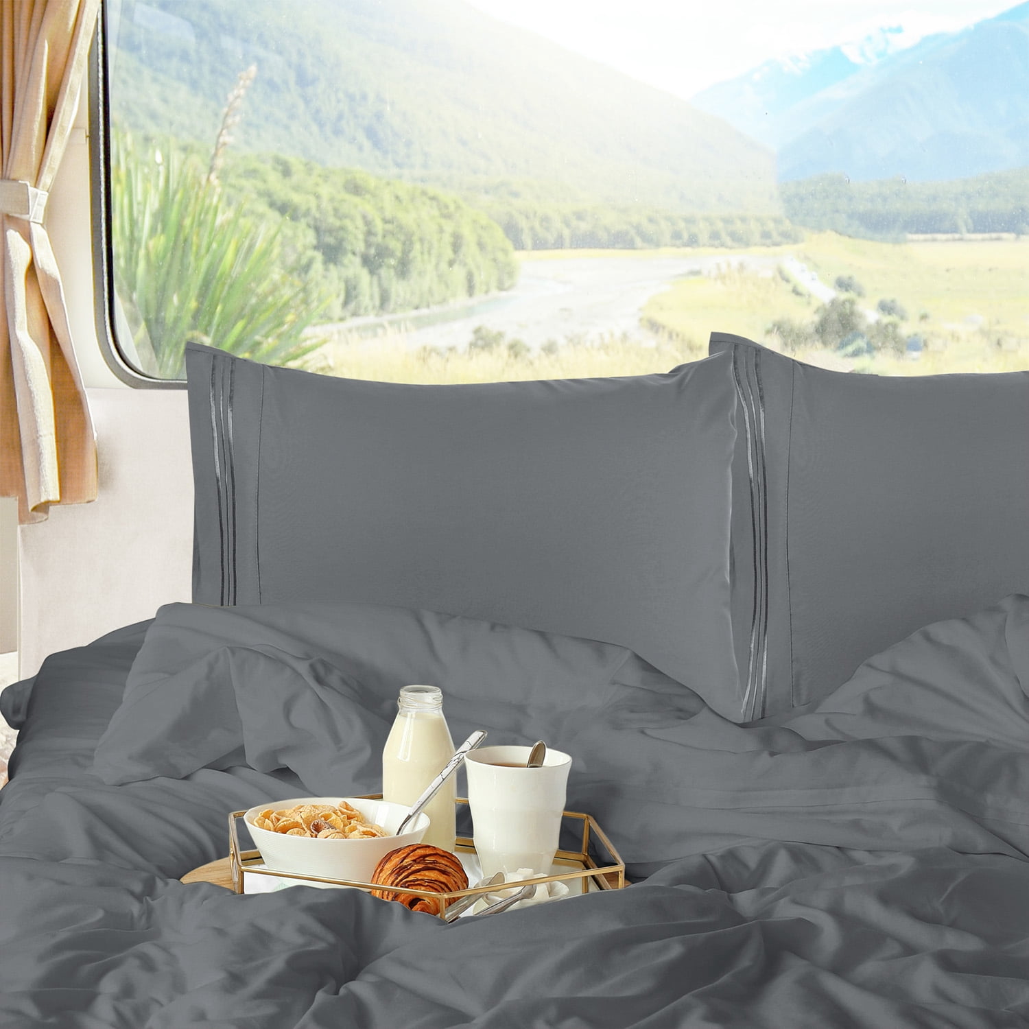 Lammaloe Split King Sheets Set, Hotel Style Deep Pocket 5 Piece Bed Sheets, Luxury Soft Microfiber Sheet Sets, Charcoal Stone Gray