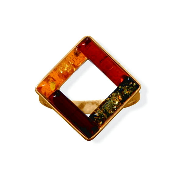 925 Sterling Silver 24 Karat Gold Plated Square Multi Color Baltic Amber Ring 24 Size 7 Ring for Women