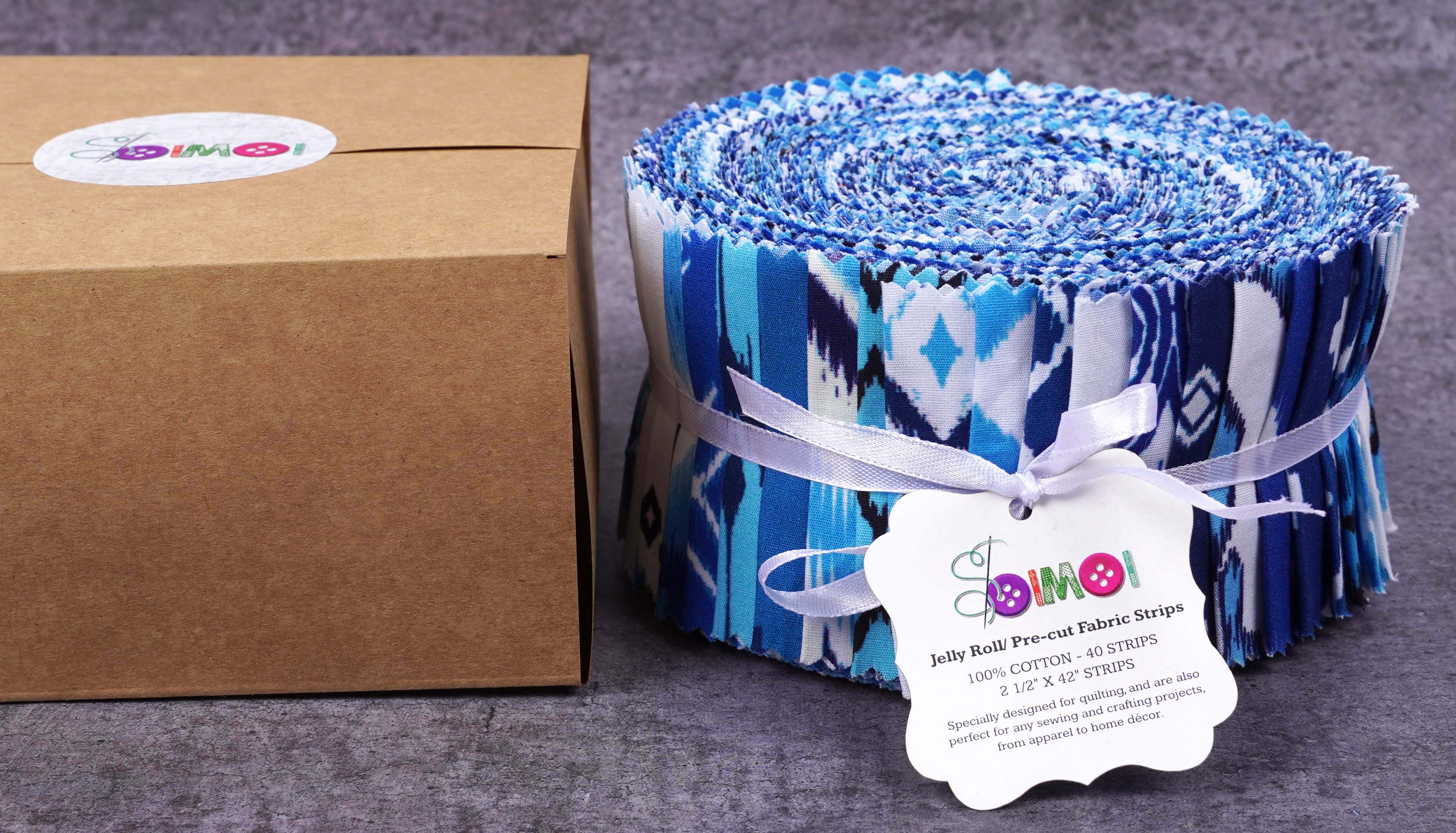 Soimoi 40Pcs Ikat Print Cotton Precut Fabrics For Quilting Craft Strips 2.5x42inches Jelly Roll - Blue