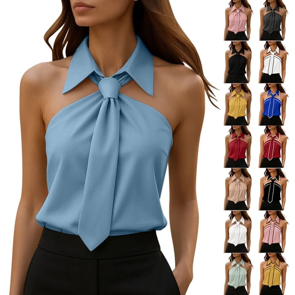 QIUOMBBP Tie Neck Tank Tops for Women Lapel Collared Halter Off Shoulder Sleeveless Shirts Summer Business Casual Top Black M