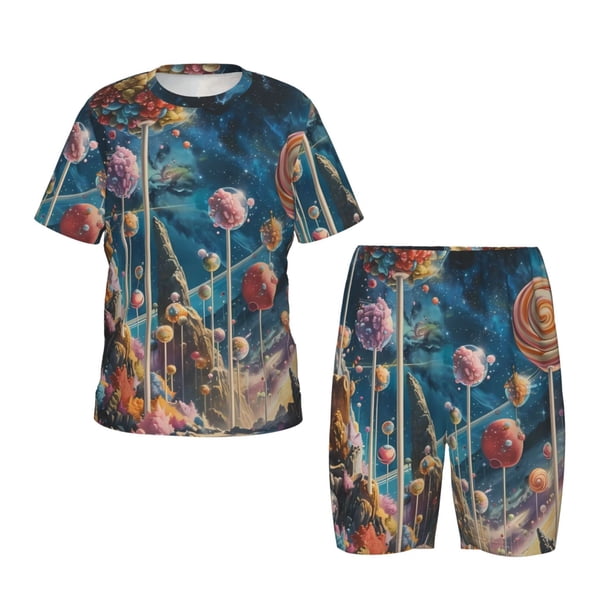 Balery Starry Sky Planet Lollipop Conjunto de Pijama Infantil de Manga Corta con Estampado – Ropa de Dormir de Algodón Suave-Small