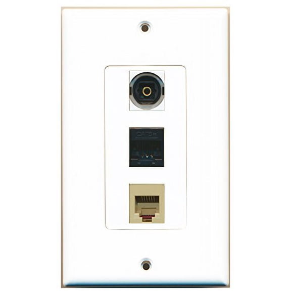 RiteAV - 1 Port Phone RJ11 RJ12 Beige and 1 Port Toslink and 1 Port Cat5e Ethernet Black Wall Plate Decorative