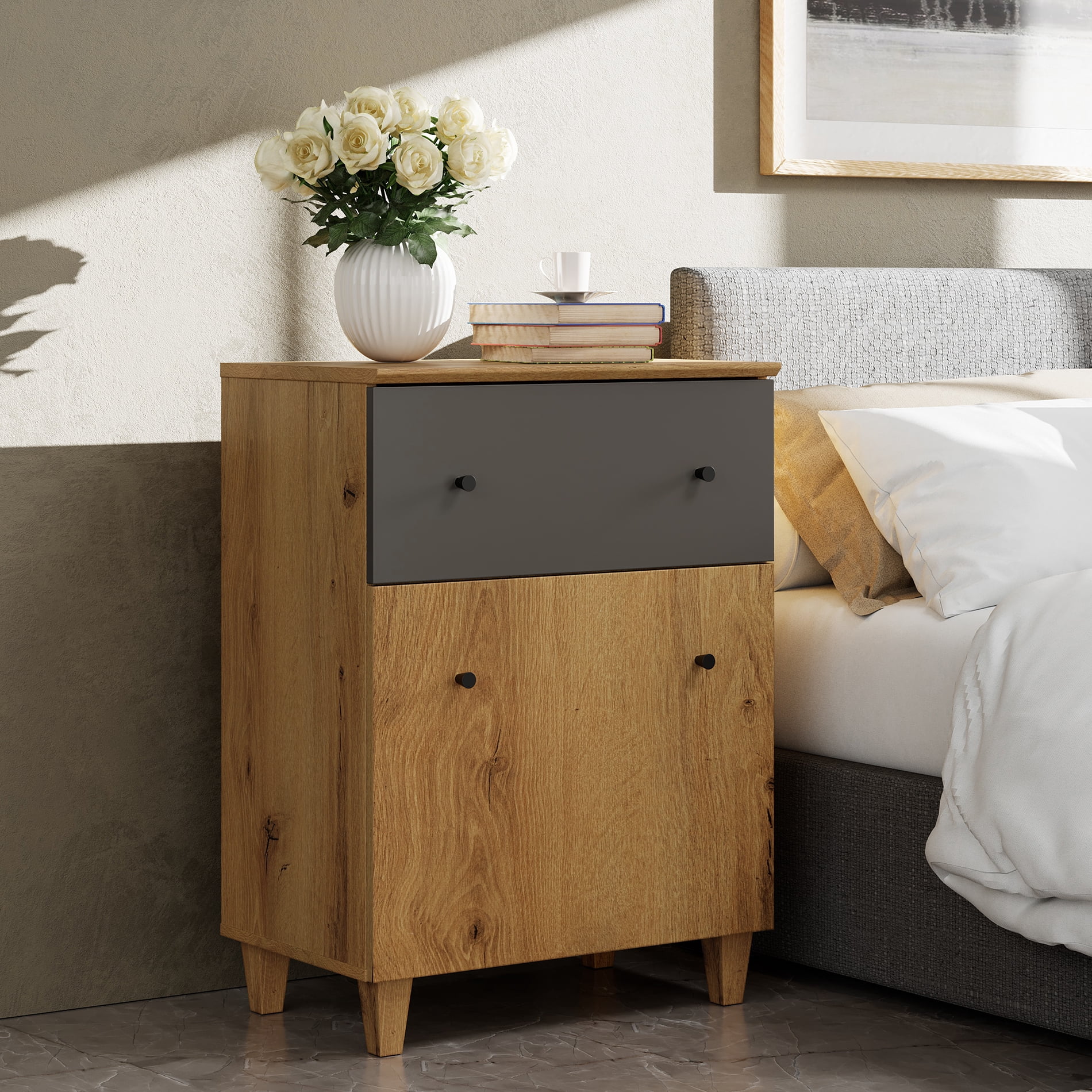 WAMPAT Modern Bedroom Furniture Set, Wooden Queen Size Canopy Bed Frame, 3-in-1 Spacious Dresser with 2 Storage Cabinets and 8 Drawers, Oak Brown