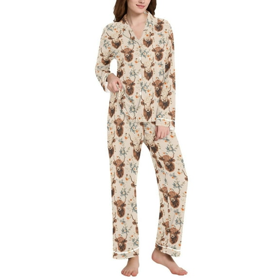 joogoo Pajamas Set for Women Highland Cattle Floral Long Sleeve Pjs Loungewear L