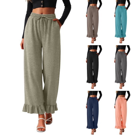 felwors Women's High-Waisted Wide Leg Pants with Ruffled Hem – Soft Lounge Joggers for Home & Casual Wear, Drawstring Waist & Pockets(Navy, XL)