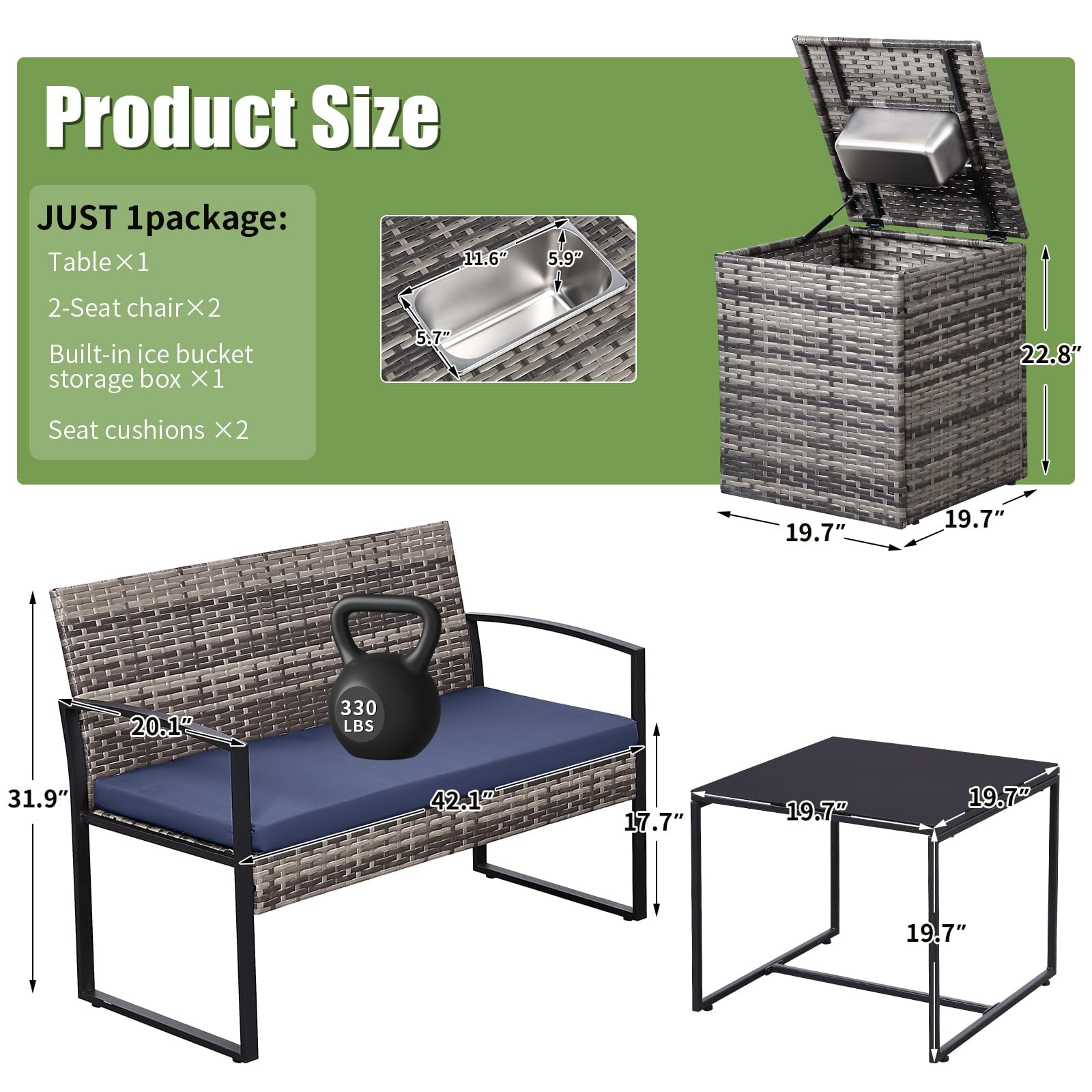 4 Piece Outdoor Patio Furniture Set,Wicker Conversation Sets Patio Sofa Couch with Built-in Beverage Cooler Storage Box & Coffee Table for Outside, Garden, Balcony, Porch,Grey/Blue