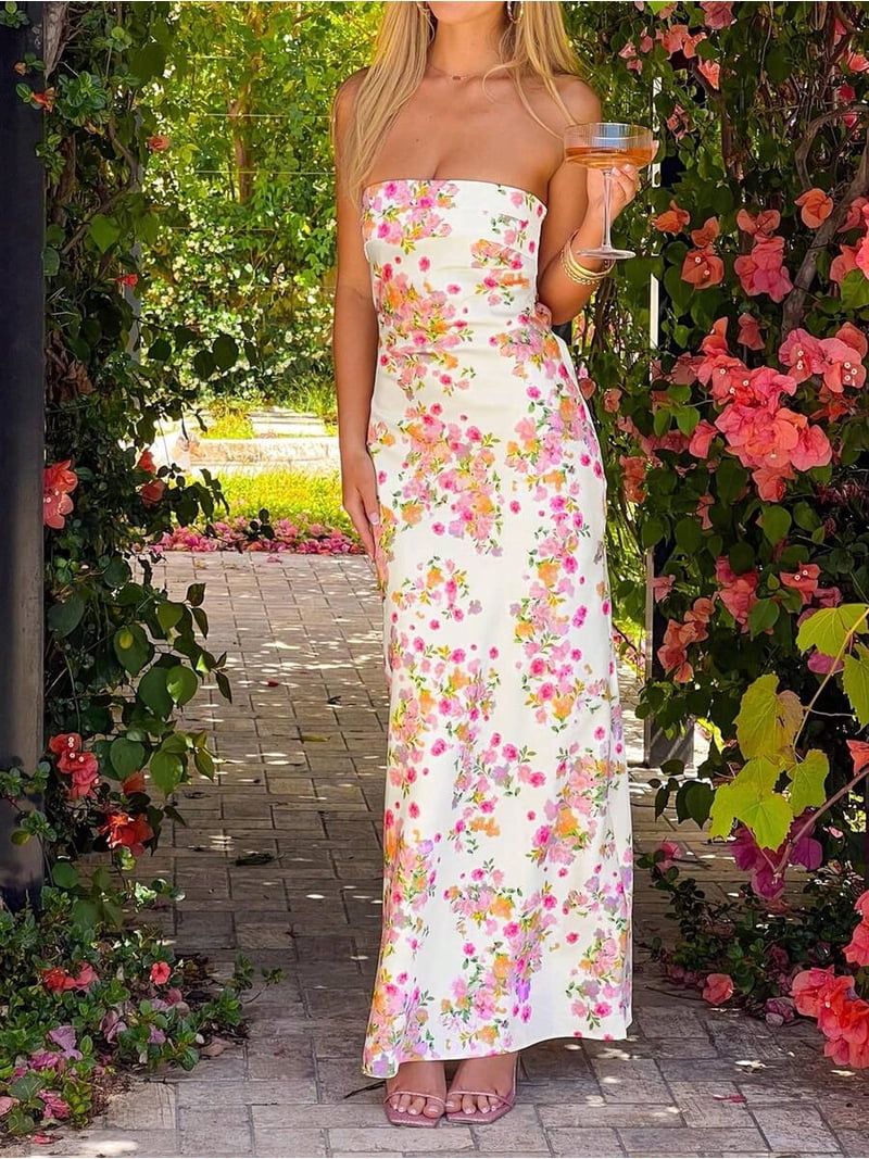 boho chic party dress White Strapless Floral Print Maxi For Women, Elegant Vacation Cocktail Beach Style tassel loafers and a comfortable smocked boho cocktail dress for wedding guest Mr K Bridesmaid dress. Color:Deep Brown