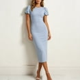 thumbnail image 5 of Women's Puff Sleeve Bodycon Work Dresses Crew Neck Business Casual office Pencil Dress Sky Blue S(S), 5 of 7