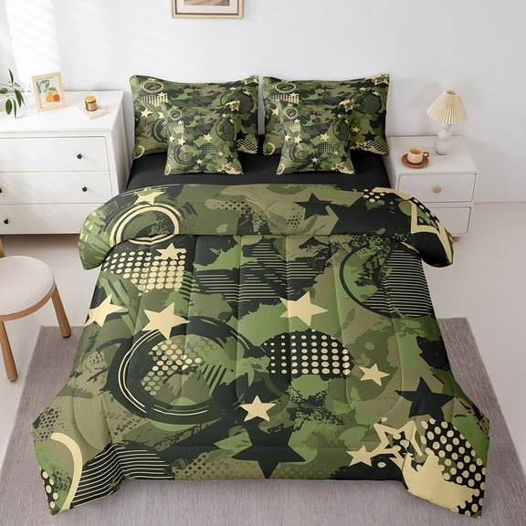 Erosebridal Green Camouflage Bedding Sets Twin Size,Abstract Geometric Comforter Sets with Sheets,Military Theme Bed in a Bag Twin size,Super Cozy Stars Bedroom Decoration,Reversible,7pcs