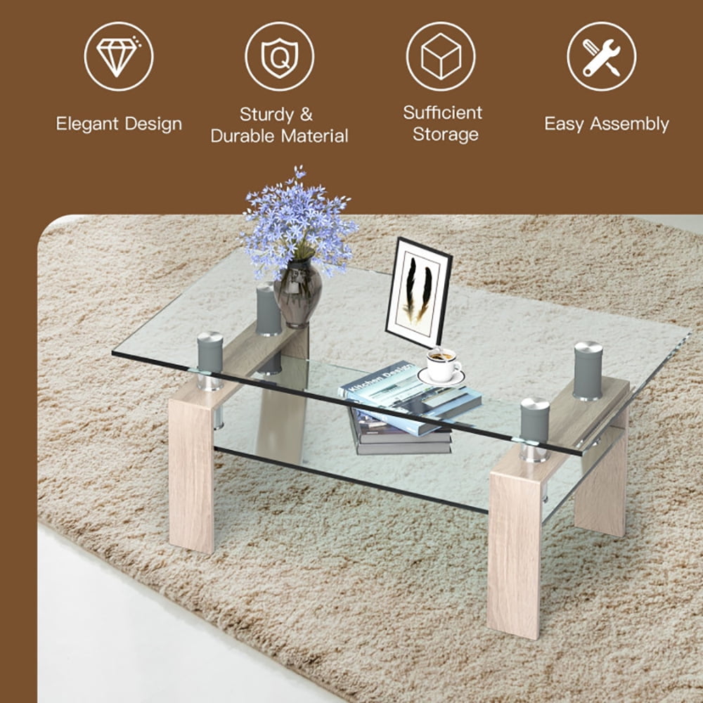 Finihen Glass Coffee Table, Rectangular Coffee Table, Rectangle Glass Coffee Table with Metal Legs, for Living Room, Reception Room, Natural Finihen Glass Coffee Table, Rectangular Coffee Table, Rectangle Glass Coffee Table with Metal Legs, for Living Room, Reception Room, Natural