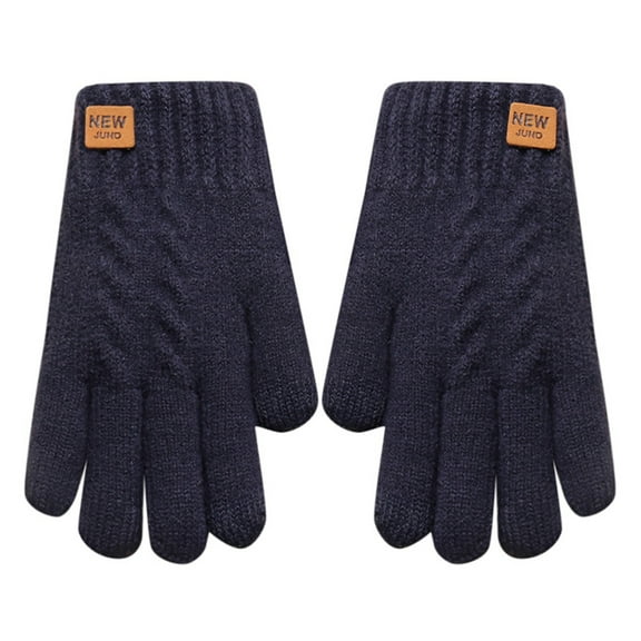 AWZXDE Women Winter Style Thick Double Layer Knitted Leather Label Cold Proof Warm Solid Color Screen Finger Gloves for and Comfort Navy,One Size