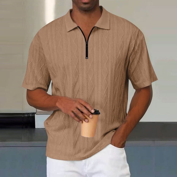 Mens Golf Shirts with Zipper Collared Short Sleeve Tees Tops Casual Solid Color Textured Pullover Breathable Athletic Workout Tshirts Shirt