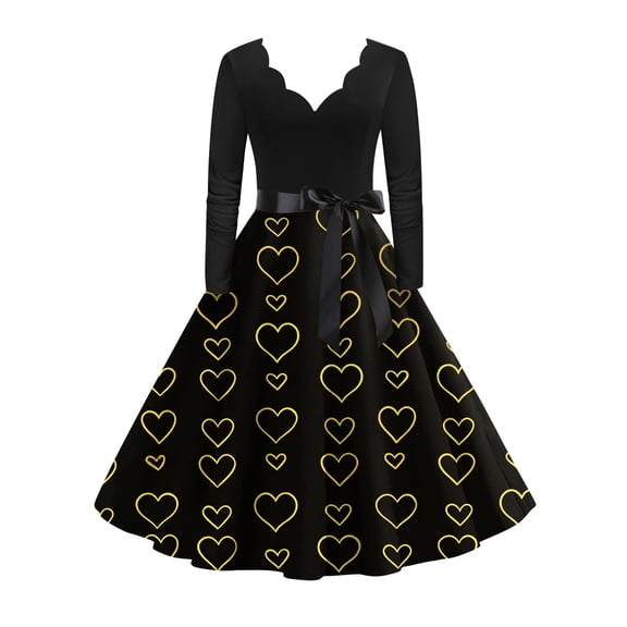 Fgvctg Valentine'S Day Womens Date Night Dress Formal Romantic V Neck Vintage Dress Cocktail Cute Heart Graphic Fit 50S Tea Dress Long Sleeve Plus Size Dressy Outfit Gold 3XL