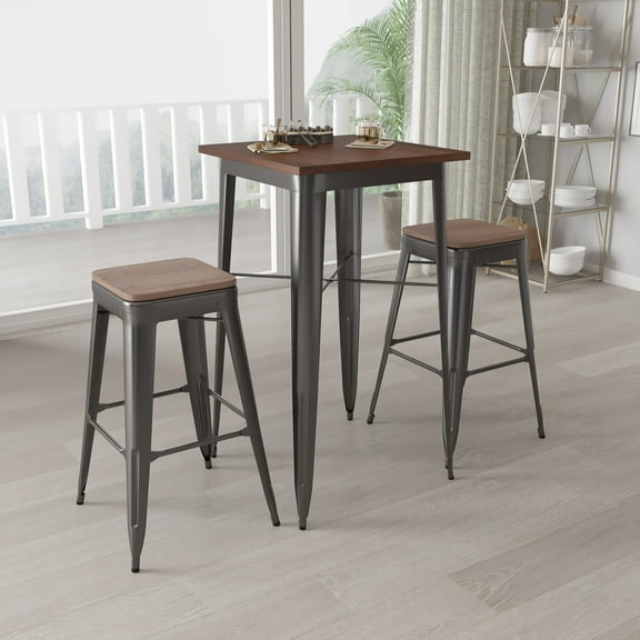Merrick Lane 3 Piece Bar Table and Stools Set with 23.5" Square Black Metal Table with Wood Top and 2 Matching Bar Stools