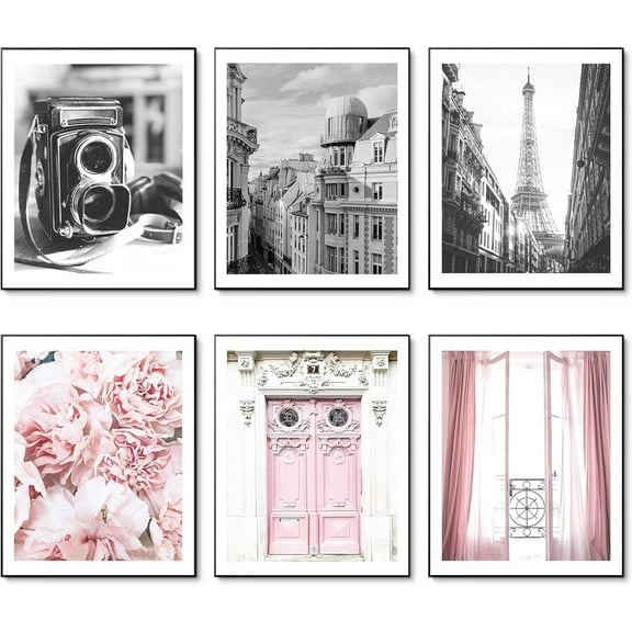 Vintage Fashion Paris Wall Art Prints Black and White Canvas Poster Eiffel Tower Pink Flower Doors Windows Pictures Photos Wall Decor for Office Bedroom Living Room 8x10 Inches Unframed