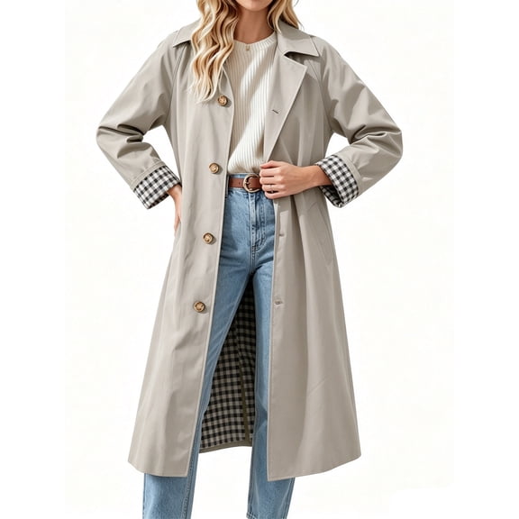 Spring Fall Women Plaid Patchwork Long Sleeved Single Breasted Casual Trench Coat
