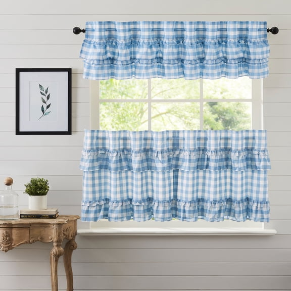 VHC Brands Annie Buffalo Check 3 PC Dusk Blue Ruffled Curtain Set (1 Valance 16x72 and 2 Tier 24x36)