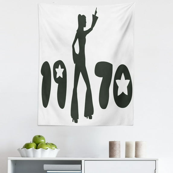 Black and White Tapestry, Retro Seventies Woman Silhouette with Stars Dancing Fashion Youth Design, Fabric Wall Hanging Decor for Bedroom Living Room Dorm, 5 Sizes, Black and White, by Ambesonne