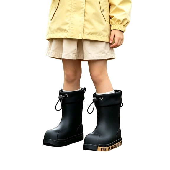 Otqutp Kids Rain Boots Letter Print Drawstring Cuff Waterproof Rubber Rain Shoes Non Slip Mid Calf Boots Outdoor Walking Shoes