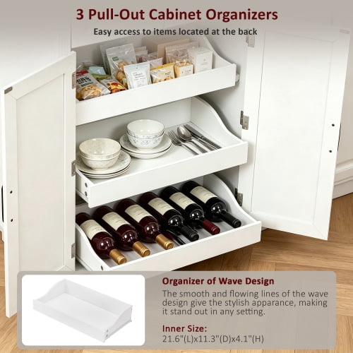 72" Tall Farmhouse Kitchen Pantry Cabinet with 3 Pull-Out Trays & 6 Door Racks, White
