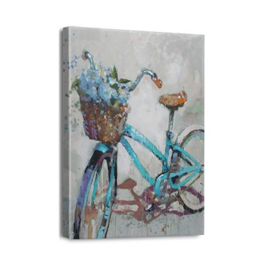 Modern Seaside Canvas Wall Art Beach Bicycle Scene, Tranquil Ocean Pictures in Aqua Blue, Ideal for Coastal Home, Bathroom Décor, 12x16 Inch