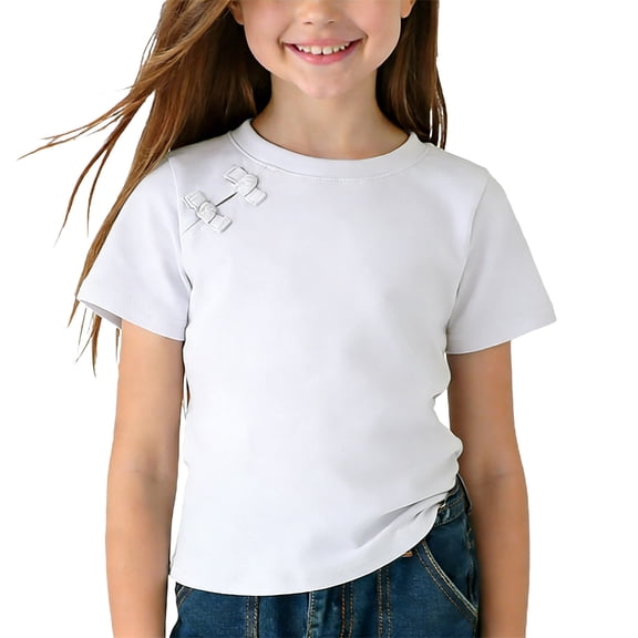 KyCheLot Girls Cute Summer Tees Solid Color Crewneck Short Sleeve Breathable Cotton T-Shirts 1-10 Years