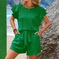 thumbnail image 2 of JULMCOMO Chiffon Two Piece Sets for Women Ruffle Crew Neck Summer Tops Drawstring Lounge Short Sets Vacation Outfits with Pockets Green L, 2 of 7