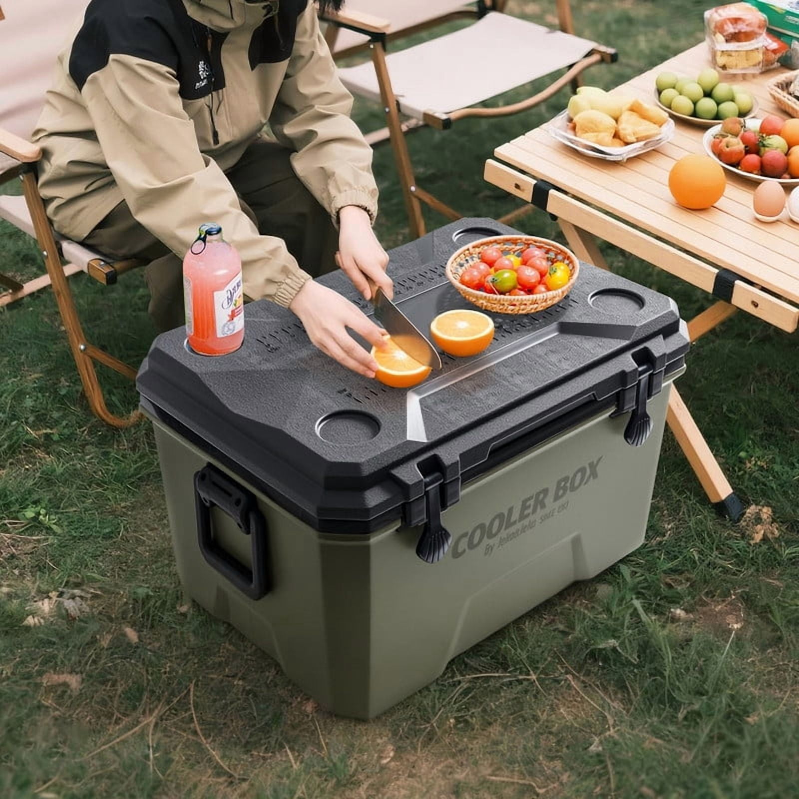 JEKO&JEKO 60QT Rolling Cooler with Wheels, Ice Packs, Cup Holders, Bottle Opener & Drain Plug, Portable Hard Cooler for Camping, Fishing, Beach, Picnic (Black & Gray)