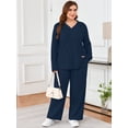 thumbnail image 2 of SHOWMALL Plus Size Lounge Sets for Women, Cozy 2 Piece Ribbed Fleece Pajamas, Long Sleeve Henley Top & Elastic Waist Wide Leg Pants, Classic Winter Loungewear, Navy Blue, 2 of 10
