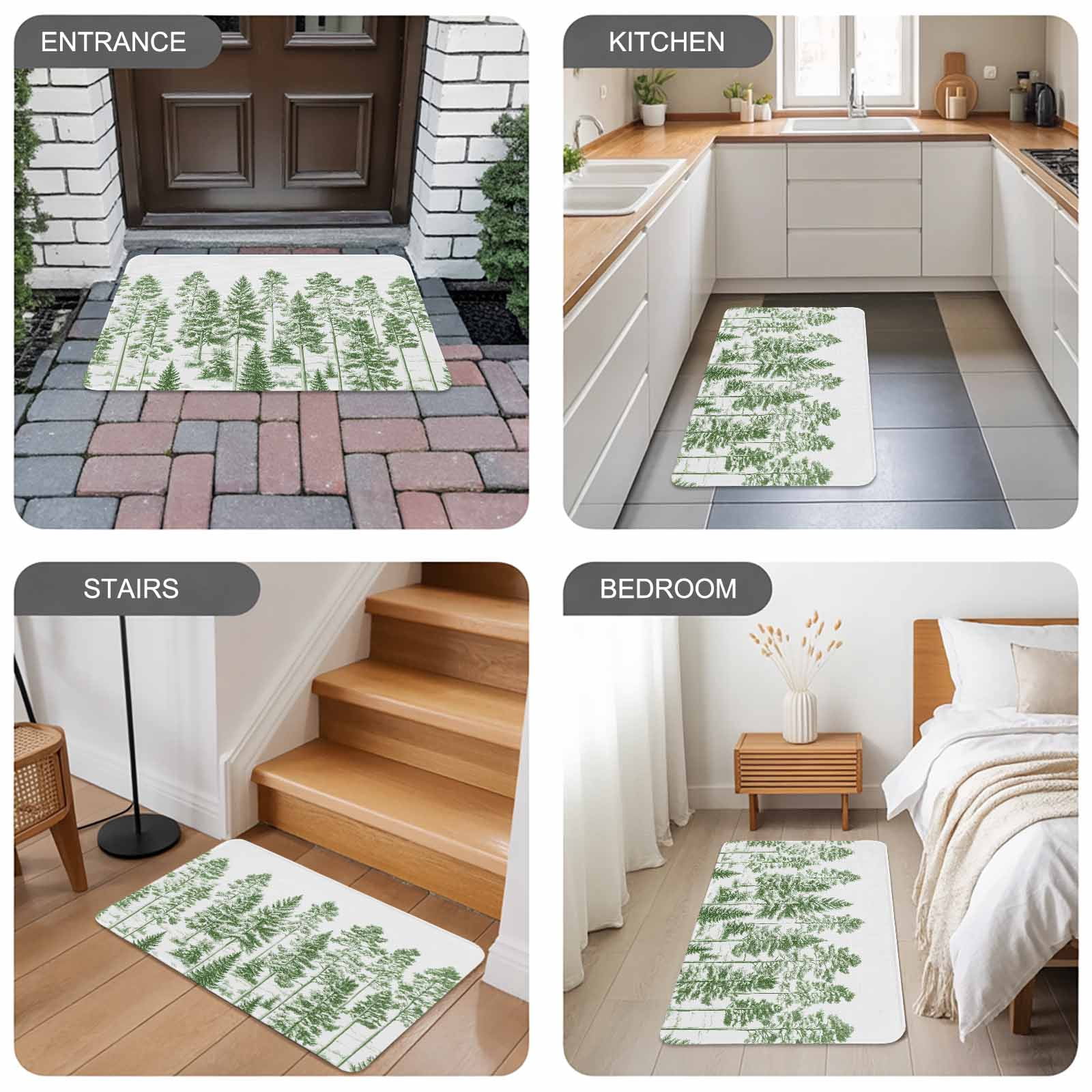 Green Pine Tree Doormat Outdoor Entrance 24"x36", Vintage Watercolor Botanical Absorb Moisture Dirt Door Mats, Non-Slip Rubber Backing Floor Mats Indoor, Low-Profile Front Door Rugs