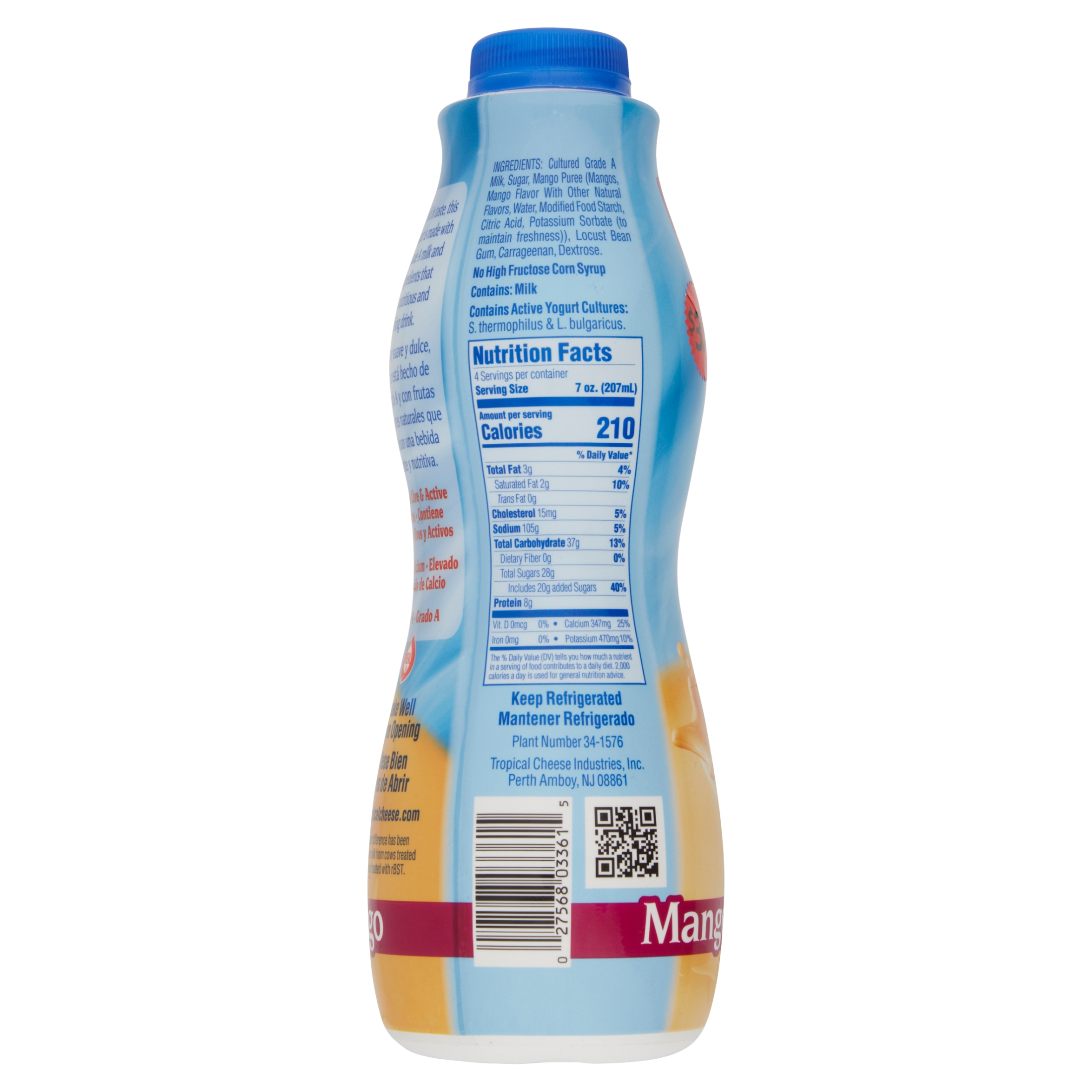 Tropical Low-Fat Mango Drinkable Yogurt, 28 fl oz Resealable Plastic Bottle, 8g Protein Per Serving