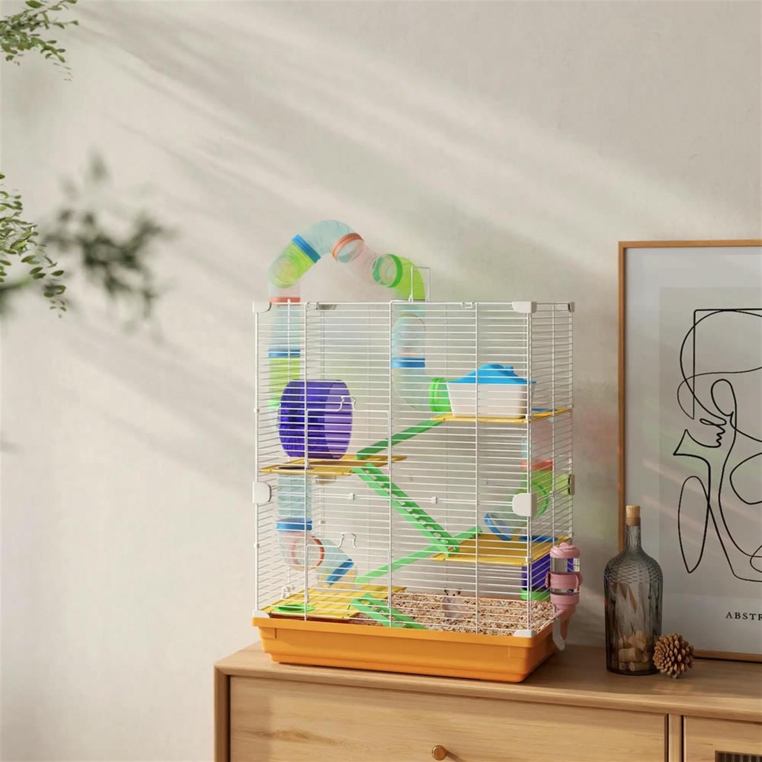 resenkos 18" Large Hamster Cage Portable Animal Travel Carrier, Gerbil Cage with Exercise Wheel for Syrian Gerbil, 5 Tiers Small Animal Habitats, Orange