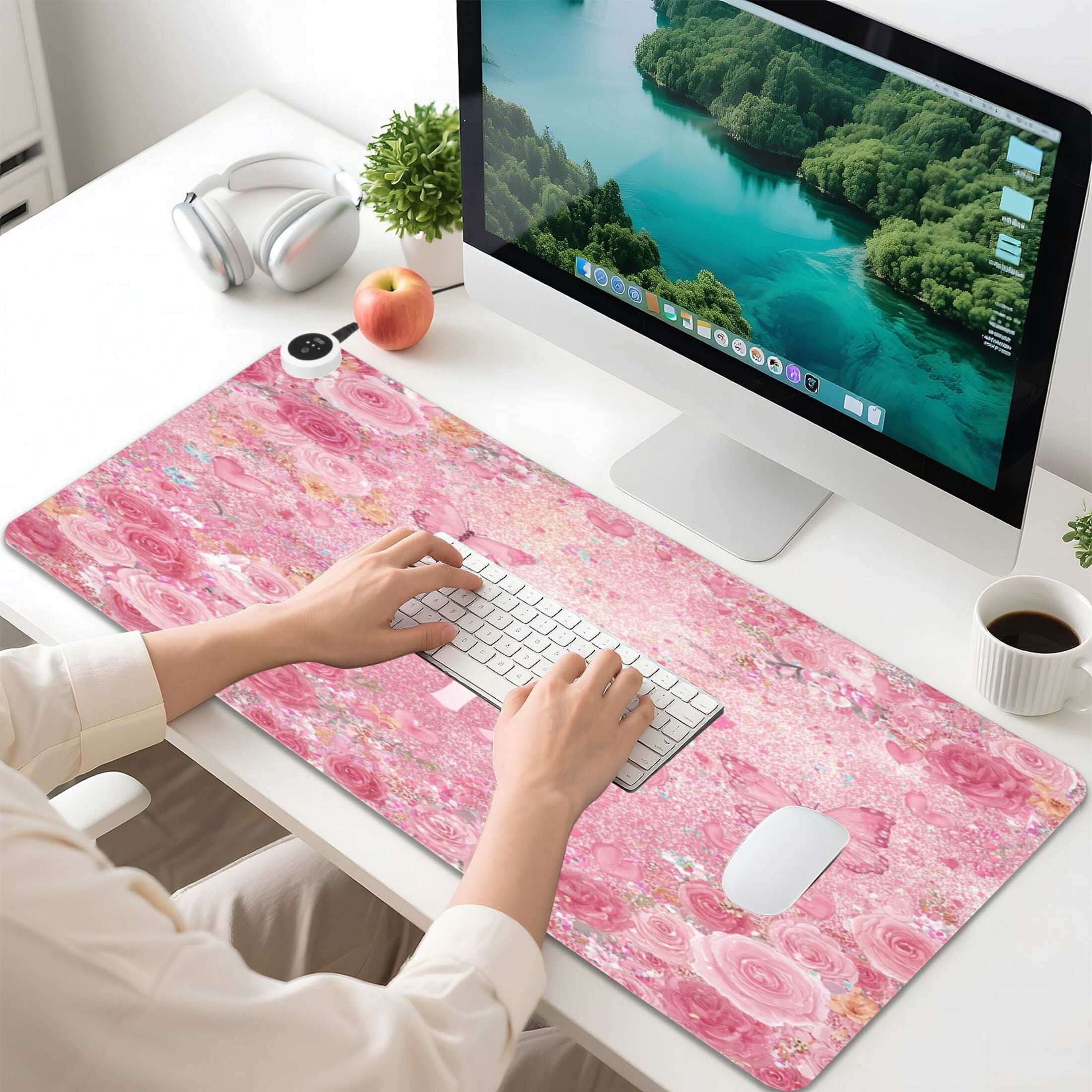 Large Heated Desk Mat Mouse Pad 31.5"x13"PU Leather Graphene Heating Desk Warmer with 3 Temperature Settings 110V US Plug Non-Slip Warm Pad for Home, Office, and Gaming Glitter Unicorn Rose Paradise