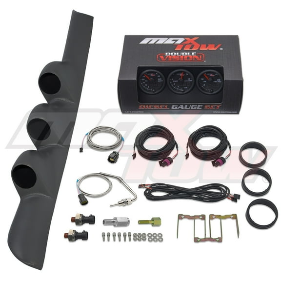 MaxTow | 2nd Gen 1998-2002 Dodge Ram 5.9 Cummins Gray Triple Gauge Pillar Pod with Black & Green Double Vision Series 60 PSI Boost Gauge, 1500 F EGT Pyrometer & 30 PSI Fuel Pressure Gauge