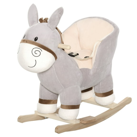Beyamis Rocking Donkey for Kids - Plush Ride-On with Sound, Wood Base & Seat Belt, Toddler Rocker for 18-36 Months, Gray