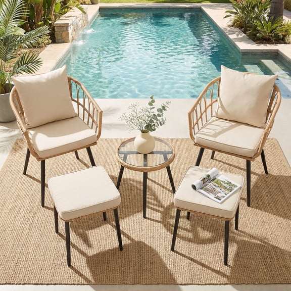 5 Piece Patio Bistro Set with Ottoman, Outdoor Wicker Apartment Balcony Furniture Sets, Rattan Table and Chairs Set of 2 for Porch Backyard Deck, Yellow,Beige