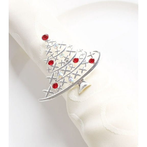 Decorative Reindeer Snowflake Christmas Tree Holiday Rhinestone Metal Napkin Rings - Set of 4 (Red Silver Christmas Tree)