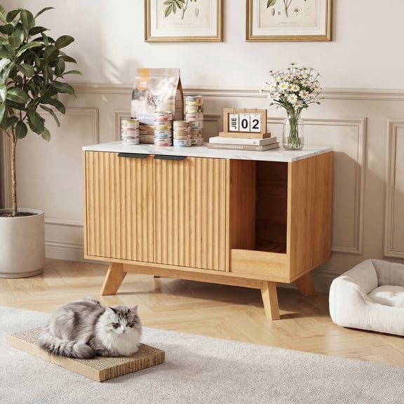 YDN Modern Litter Box Enclosure for Cats- 31.5" Indoors Hidden Cat Litter Box Furniture for 2 Cats, Wooden Cats Washroom Side Cabinet with Scratching Pad for Most Cat Litter Box,Nature