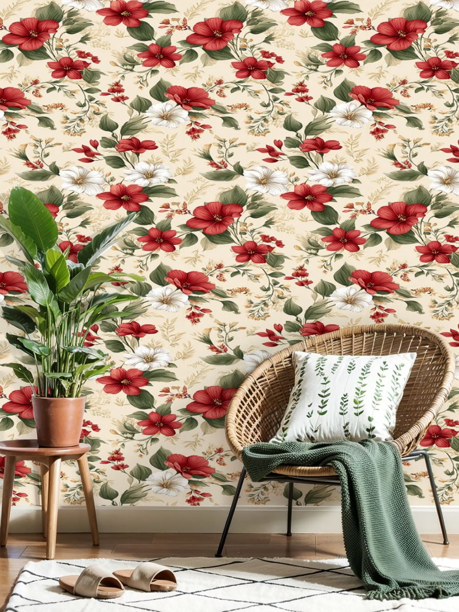 Flower Peel and Stick Wallpaper 17.7in x 9.8ft Elegant Floral Red White Flowers Soft Beige Contact Paper Vinyl Waterproof Self Adhesive Wall Paper for Bedroom Shelf Cabinet Renter Friendly