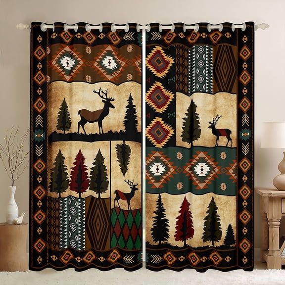 Homewish Tribal Hippie Aztec Black Out Curtains for Men, Rustic Reindeer Moose Curtains Pack of 2 (42x63 Each), Retro Western Patchwork Bedroom Curtains, Window Curtains Home Decor