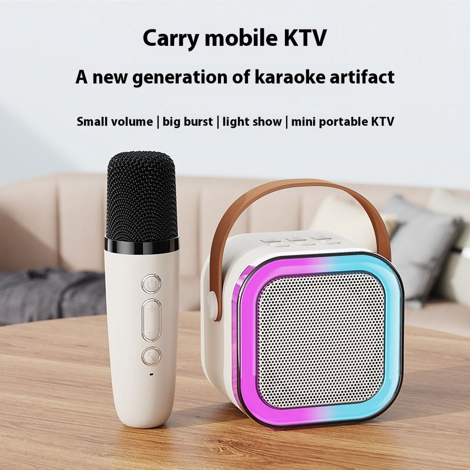Mini Karaoke Machine for Kids, Portable Bluetooth Karaoke Singing Speaker with 2 Wireless Mics, Colorful Lights, Birthday Gifts for Girls Boys Home Party, Beige