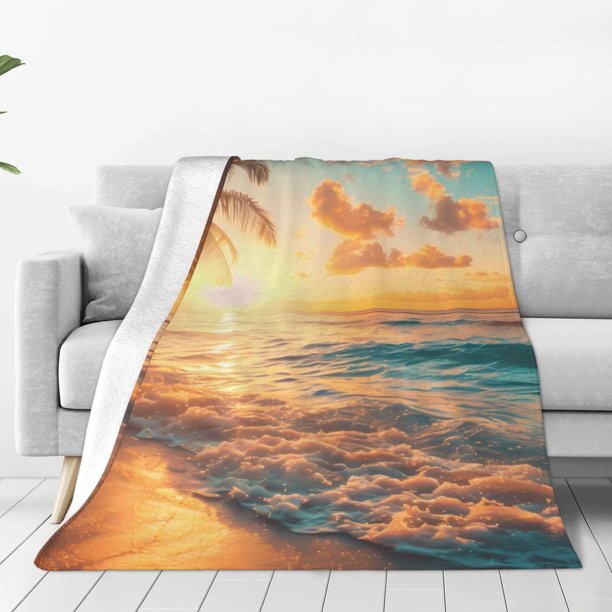 Balery Tropical Sunset Beach Scene Manta de Felpa Suave y Acogedora – Cobija de Franela Aterciopelada para Cama, Lavable y Cálida para Sofá, Mascotas, Transpirable-80"x60"