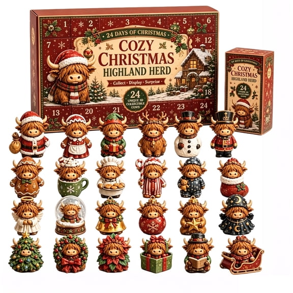 Christmas Advent Calendar 2026, 24-Day Highland Cow Advent Calendar,Fun 2d Acrylic Highland Cow Figurine Ornaments,Gift for Cows Lovers