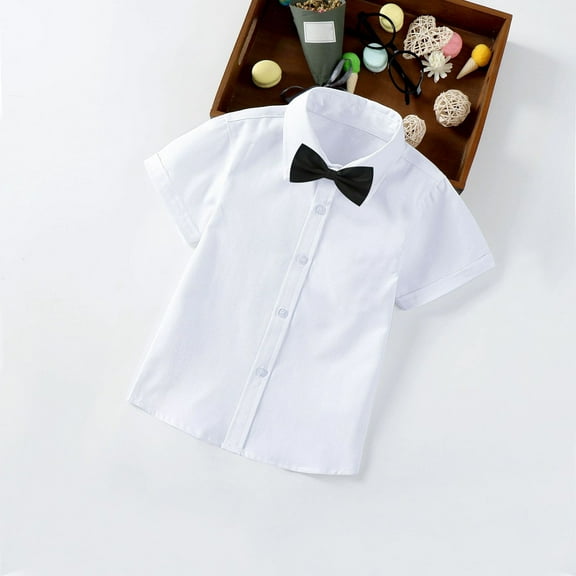 HAOTAGS Toddler Boys Short Sleeve Button Down Shirt with Cute Bow Tie School Uniform Shirt Beige Size 8-9 Years