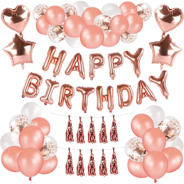 Globos para Fiesta de Cumpleanios 51 Piezas, Globos Happy Birthday,Globos Oro Rosas,Globos Confeti, Globos Corazón de Estrella de Aluminio, Ideal para Decoración de Fiestas