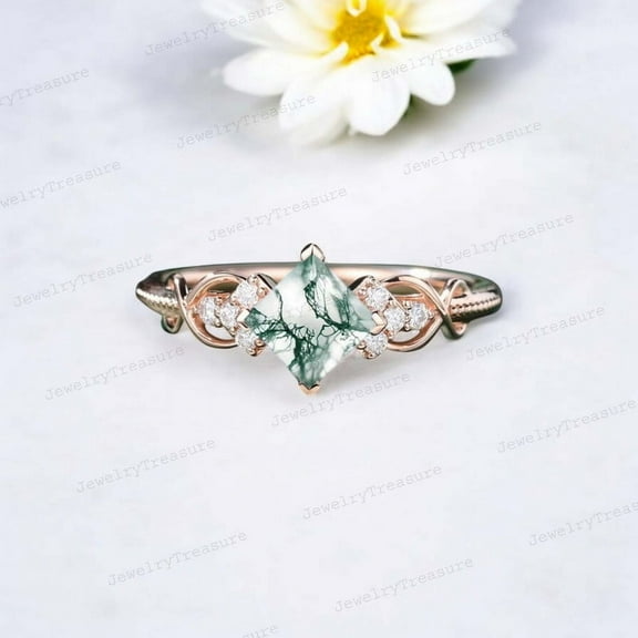 JEWELRYTREASURE 7 mm / 1 Ct Princess cut Moss Agate Engagement Ring Rose Gold Plated Wedding Ring Art Deco Unique Crossover Jewelry CZ Diamond Bridal Ring Birthday Gift for Her