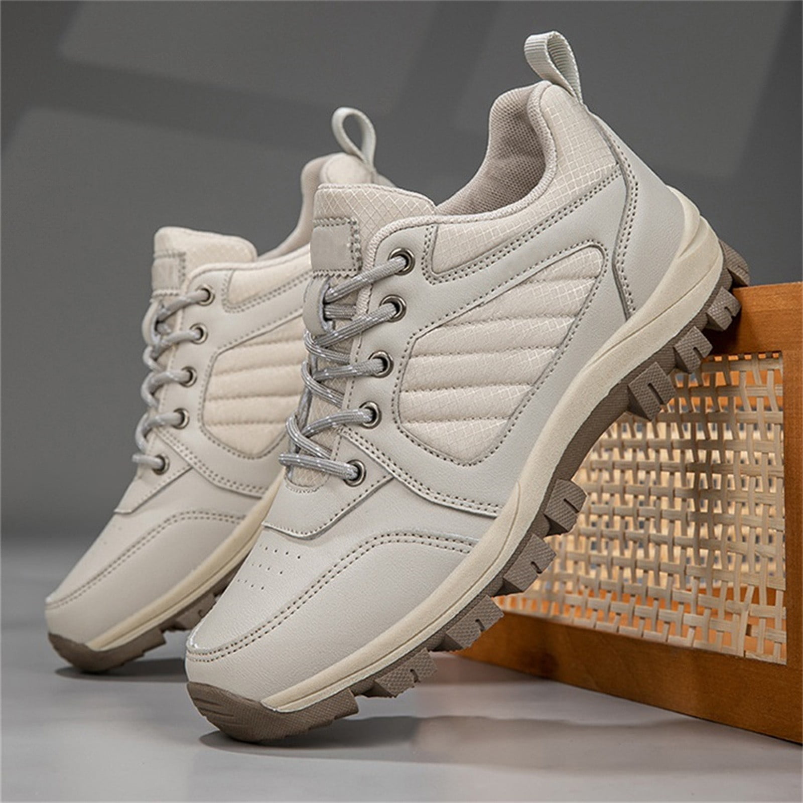 XIMIN Men Women's Hiking Boots Lightweight Breathable Non-Slip Waterproof Casual Low-Top Sneakers for Trailing Trekking Outdoor Leather Walking Shoes (8, Beige)
