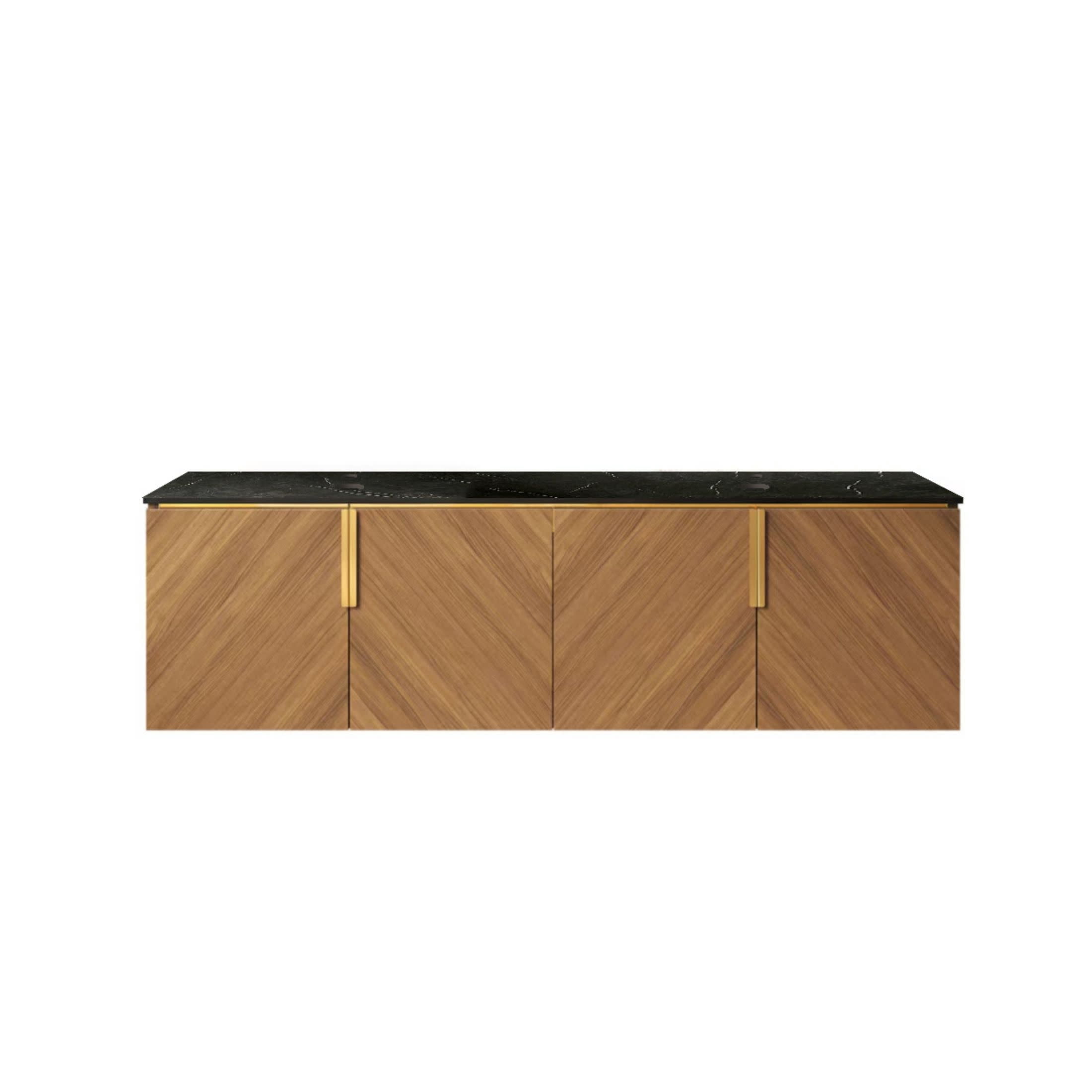 Noble House Arai 60" Bathroom Vanity with Sintered Stone Countertop, Wooden Storage Cabinet, Gold Handles, Brown Oak