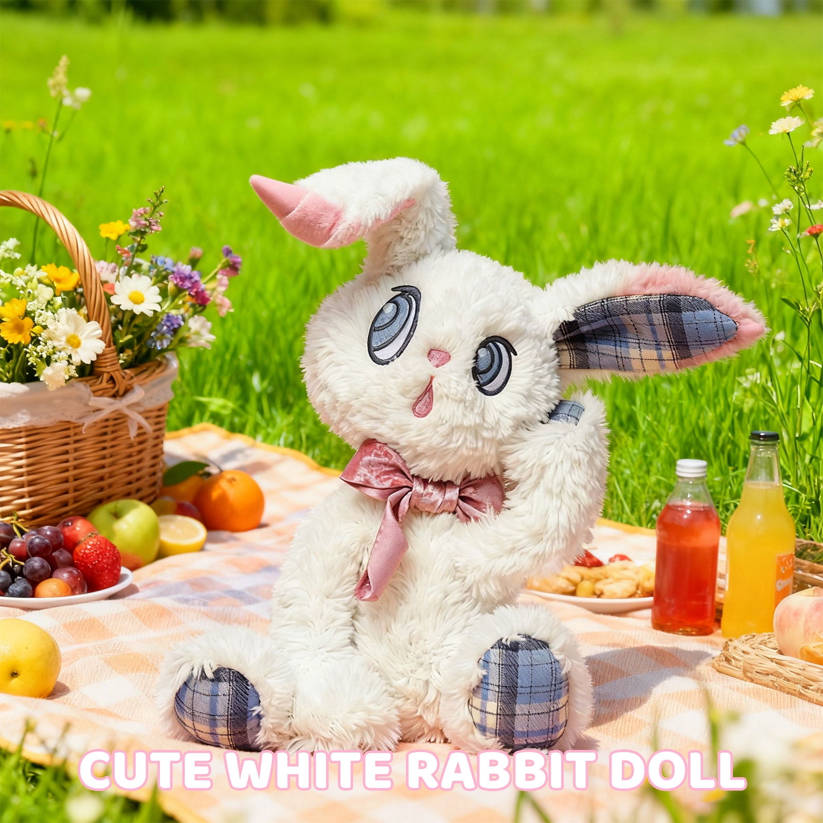 Soft Plush Bunny Rabbit Stuffed Animal Toy - Fluffy White Plush with Pink Bow, Checkered Ear & Paw Accents, Huggable & Cuddly Design - for Kids Toddlers, Bedroom Decor, Nursery, Xmas Birthday, Baby S