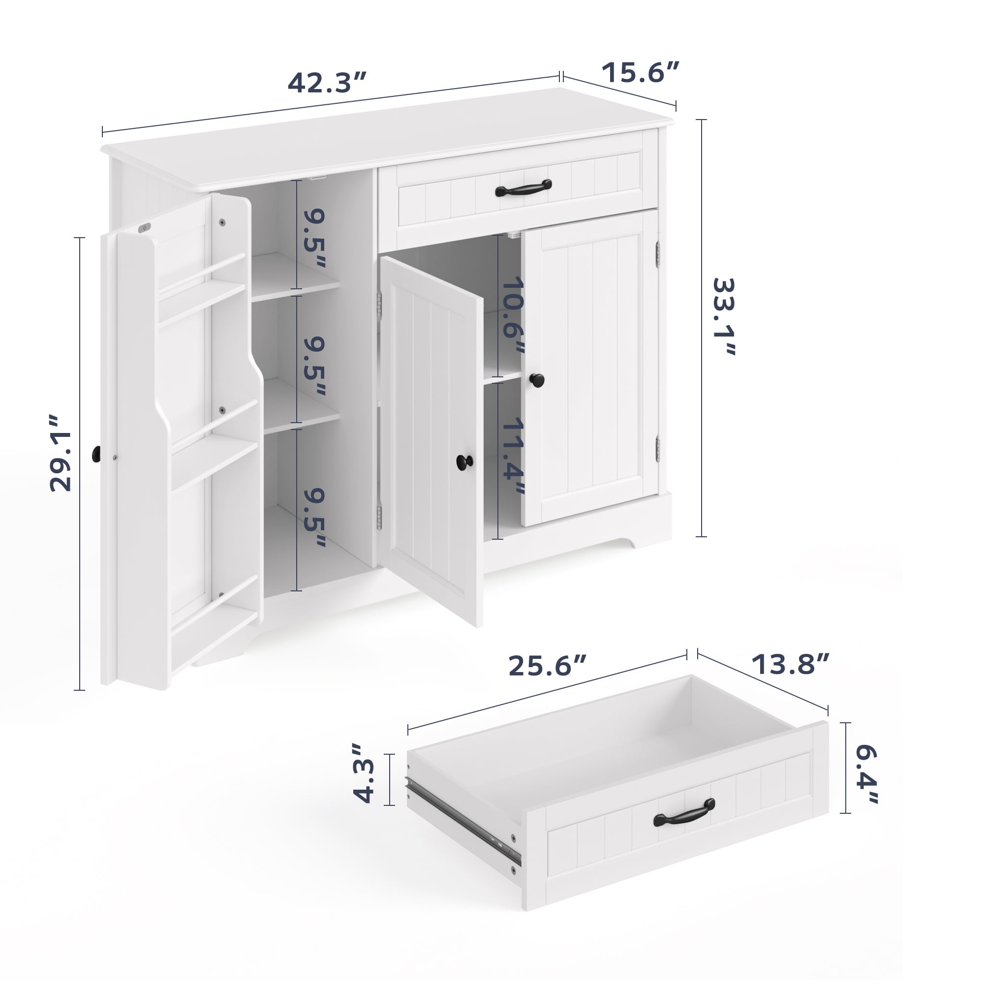 Asofer 42" Kitchen Storage Cabinet, Sideboard Buffet with 3 Doors & 1 Drawer & 8 Shelves, White